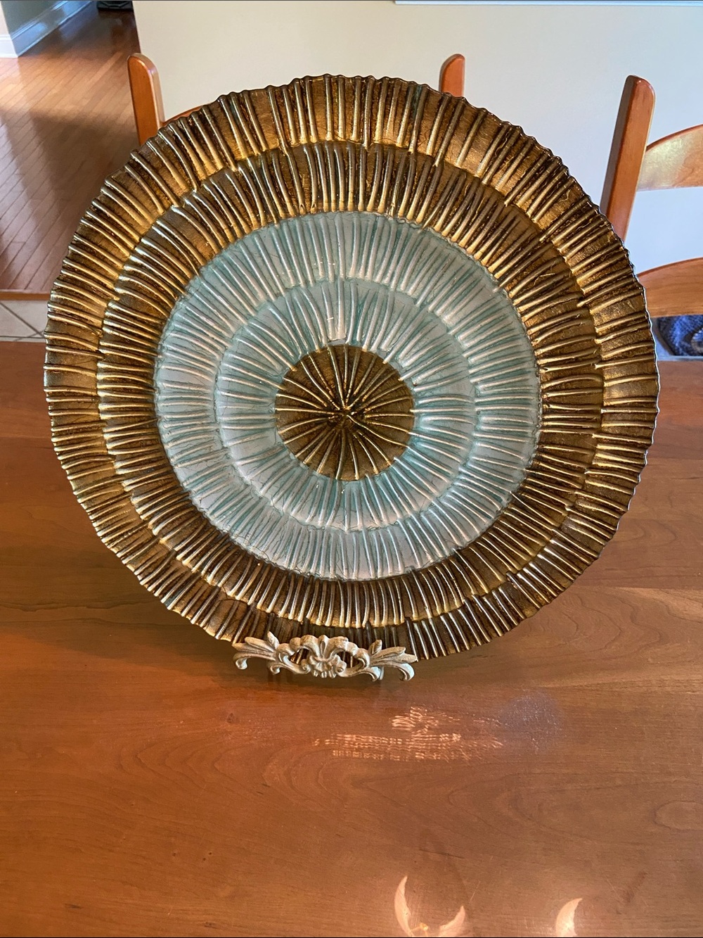 Beautiful Gold and Aqua Textured Sunburst Decorative Plate. Gold leaf back.